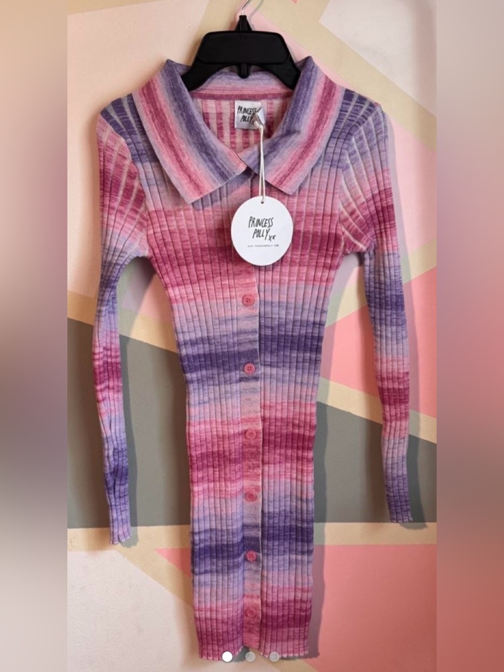 Princess Polly Zana Mini Dress. Pink & Purple Ribbed, Long Sleeve with Buttons
